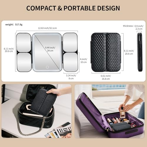 Tri-fold Vanity Mirror with Light,Rechargeable Travel Makeup Mirror with 5X/10X/20X/30X Magnifying Mirror,Touch Screen Dimming Light Up Vanity Mirrors for Travel Home,Black