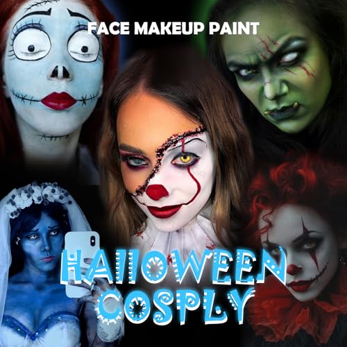 KYDA Black White and Light Blue Face Paint Kit, Face Body Painting Kit with Brush for Sally Corpse Bride Smurf Avatar Mermaid Demon SFX Makeup and Costume Cosplay, Eyes for Spot Games