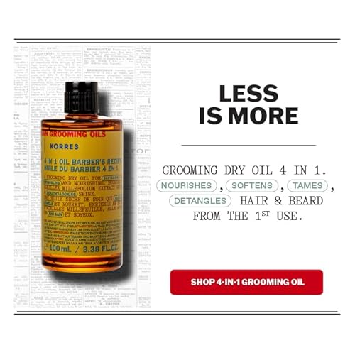 KORRES Athenian Grooming 4-in-1 Men¡¯s Care Oil, Dry Oil for Hair & Beard with Achillea Millefolium, Abyssinian, Almond & Olive Oils, Detangles, Softens, Vegan, Silicone & Paraben Free, 3.38 Fl Oz