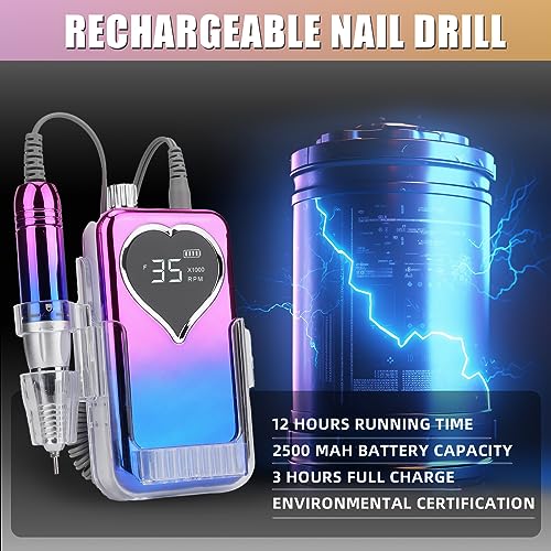 Professional Electric Nail Drill Machine for Acrylic Nails, 35000 RPM Electric Nail File Tool Set, Portable E-File Rechargeable Manicure Pedicure Polish Kit for Home Salon Tech (Heart Sunset Blue)