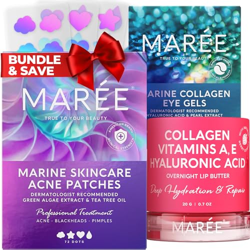 MAREE Bundle - Acne ¬³learing Devices, Lip Mask, Under Eye Gels - Green Algae Extract & Tea Tree Oil, Collagen & Hyaluronic Acid - Hydrocolloid Acne Therapy, Mask for Dry Lips, Gels for Puffy Eyes