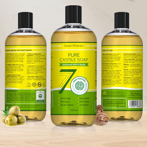 Pure Castile Soap - No Palm Oil, GMO-Free - Gentle Liquid Soap For Sensitive Skin & Baby Wash - All Natural Vegan Formula with Organic Carrier Oils (16 Fl Oz, An Unscented)