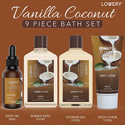 Gifts For Women Gift Basket for Women? 9 Piece Set of Vanilla Coconut Home Spa Set, Luxurious Gifts for Her, Bath and Body Sets Includes Fragrant Lotions, Large Bath Bombs, Coconut Oil