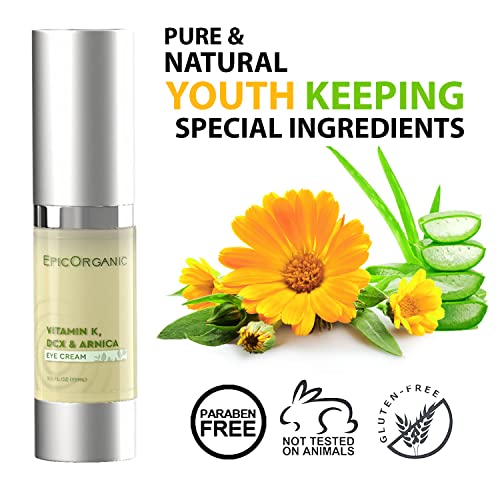 Epic Organic Eye Cream - Vitamin K & Arnica - Naturally Reduces Wrinkles, Under Eye Bags, Puffiness, Dark Circles & Fine Lines, Nourishes Around Eye Skin | 0.5oz