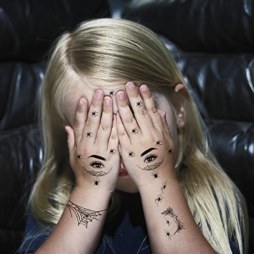 Halloween Spider Temporary Tattoos Web Face Makeup Supplies - 12 Sheets Full Face Scary Black Fake Spiders for Day of the Dead Stage Show Witch Costume Party Prank Props