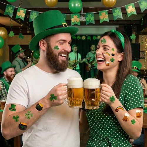 80 Pcs St Patricks Day Tattoos for Kids and Adults, 40 Designs Shamrock Temporary Tattoos Face Stickers, Waterproof Irish Party Favors Accessories, Green Clover Leprechaun Body Art Decor