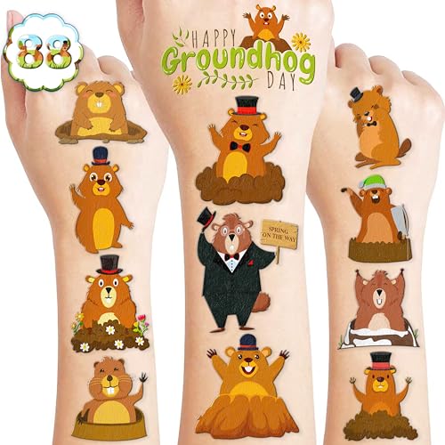 96PCS Happy Groundhog Day Temporary Tattoos Themed Birthday Party Decorations Favors Supplies Decor Cute Spring Festival Animals Tattoo Stickers Gifts For Kids Adults Boys Girls School Prizes Holidays