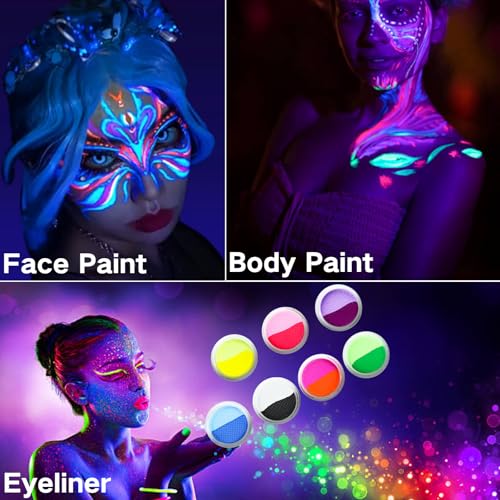 MEICOLY Water Activated Eye Liner 14 Colors,Neon UV Pride Rainbow Face Paint,7 Cakes Duo Color Water Activated Eyeliner,Halloween Hydra Liner,Matte Graphic Eyeliner,Glow Blacklight Body Paint