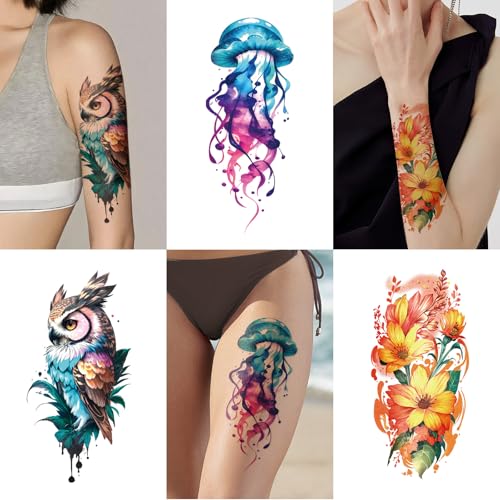 77 PCS Temporary Tattoos Adult Kids, 17 PCS Half Sleeve Flower Lion Tiger Wolf Cat Owl Parrot Large Fake Tattoos, 60 PCS Tiny Waterproof Realistic Body Tattoos Stickers for Women Girls