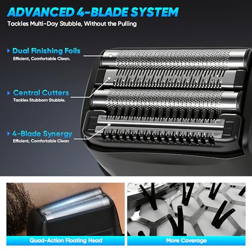 Electric Foil Shavers for Men: Compact Electric Razor with 4 Floating Blades, Travel Portable Foil Shaver for Men, USB-C Rechargeable, Waterproof Wet Dry Cordless Face Shaver for Travel & Home, Black