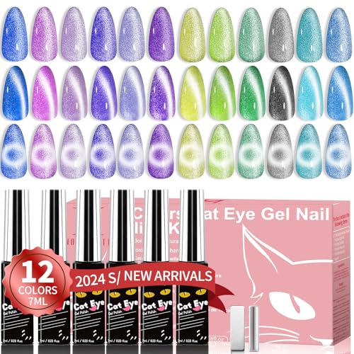Cat Eye Gel Nail Polish Kit-12 Colors Holographic Glitter Cat Eye Gel Polish Set with Magnet Based Top Coat Romantic Galaxy Series Soak Off Uv Led Magnetic Nail Polish Nail Art Manicure DIY