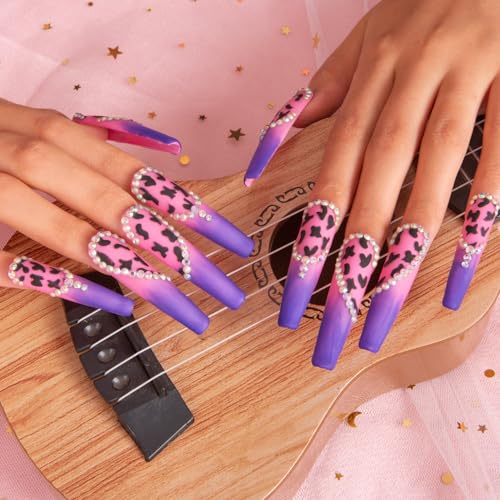 LOVFUL Press on Nails Boozy Lavender | Handmade with Full Covered Crystals | Reusable Full Cover Nails | Coffin Long 2.2 in | H211-M