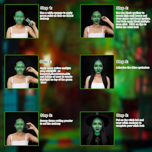 MEICOLY Complete Green Witch Makeup Kit,Wicked Costume Halloween SFX Frankenstein Makeup Set,Elphaba Green Face Paint for Character Cosplay Stage Performance Theater,Setting Powder,Yellow Face Paint