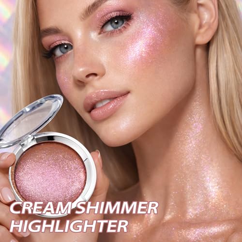 Duochrome Rose Gold Highlighter Blush Makeup with Pink Violet Shifter, Holographic Cream Face Highlighting, Soft Shimmer Glitter Waterproof Long Lasting Chameleon eyeshadow spark Body Highlight#0.56oz