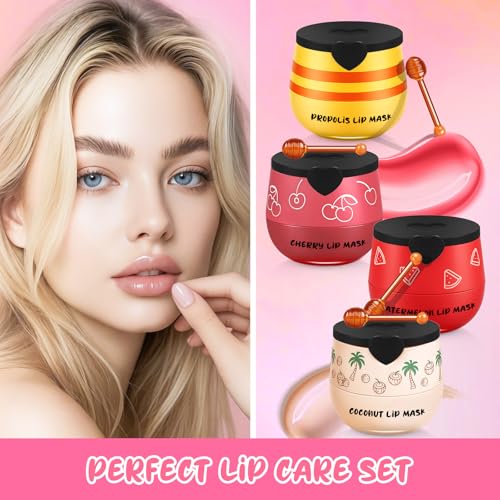 4PCS Bee Lip Balm Honey Pot Cherry Watermelon Coconut Honey Lip Balm, Moisturizing Sleeping Lip Mask Overnight, Prevention Dry and Cracked Lips
