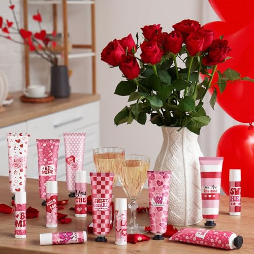 Loopeer 48 Sets Valentine's Day Hand Cream Lip Balm Gifts Bulk Galentine's Day Gift Valentine Party Favor Moisturizing Heart Hand Lotion Bulk Mini Dry Cracked Care Cream for Women Teacher Coworker