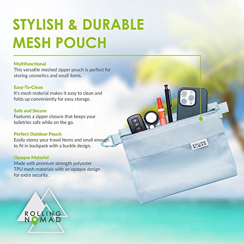 Rolling Nomad 10.2x7.6x0.4 Waterproof Travel Pouches, Light Blue Medium Mesh Zipper Pouch for Travel, Pencil, Toiletry Bags, Cosmetics, Organizer, Luggage