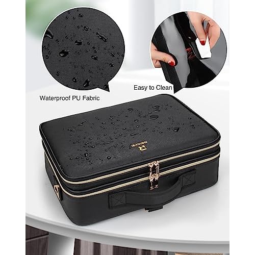MONSTINA Large Makeup Travel Case Bag,Professional Makeup Artist Train Case with Brush organizer,Large Capacity Cosmetic Bag with Zipper Pocket and Adjustable Compartment£¨PU Leather Black£©