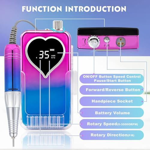 Professional Electric Nail Drill Machine for Acrylic Nails, 35000 RPM Electric Nail File Tool Set, Portable E-File Rechargeable Manicure Pedicure Polish Kit for Home Salon Tech (Heart Sunset Blue)