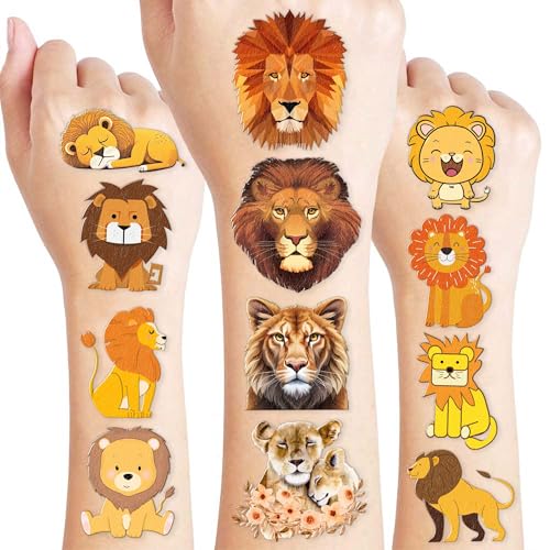 96PCS Cute Lion Pre-Cut Temporary Tattoos ? Safari Jungle Theme Birthday Party Decorations Supplies, Party Favors, Fun Stickers for Kids Adults Boys Girls, Classroom Gifts & Rewards