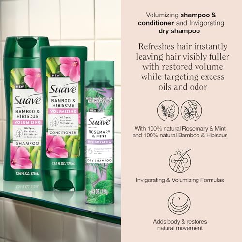 Suave Volumizing Shampoo and Conditioner Set, Bamboo & Hibiscus + Dry Shampoo for Women, Rosemary & Mint