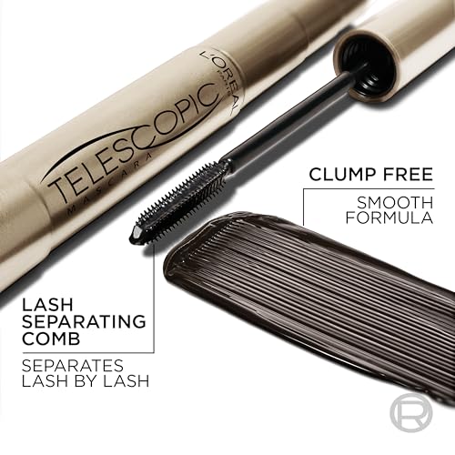 L¡¯Oreal Paris Makeup Original Telescopic Mascara, Separating Mascara Volume and Length Formula, Washable, Blackest Black, 0.27 Fl Oz., 1 Count