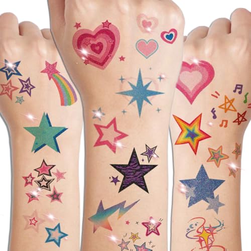 Glitter Stars Temporary Tattoos for Kids - 74 Individually Sheets | Waterproof & Easy Peel | Perfect for Kids Birthday Party Favors, School Rewards
