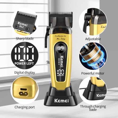 KEMEI Hair Clipper for Men 11500RPM Cordless with LED Display & USB-C Fast Charging, Professional Rechargeable Barber Clippers for Men, Barber/Home Adjustable Blade Hair Cutting Tools KM-90-4