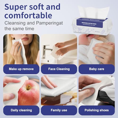 Soft Dry Wipe 4 Pack, 100% Cotton Face Tissues, Lint Free Facial Cleansing Towels, Extra Thick Dry and Wet Use for Cleansing,Sensitive Skin, Makeup Removing, Surface Cleaning