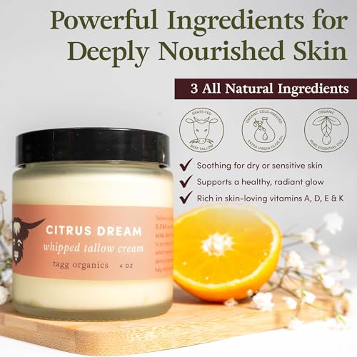 Whipped Tallow Cream for Skin ? Grass-Fed Tallow Moisturizer with Clean Ingredients & Premium Essential Oils, Deep Long-Lasting Hydration for Dry & Sensitive Skin, Citrus Dream, 4 oz