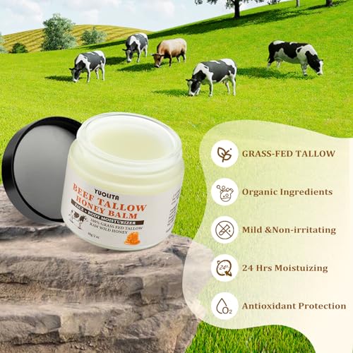 Beef Tallow for Skin, Beef Tallow and Honey Balm, Unscented Grass-Fed Beef Tallow & Raw Wild Honey Balm, All-Natural Moisturizer Hydrating Nourishing for Face & Body - 2 oz