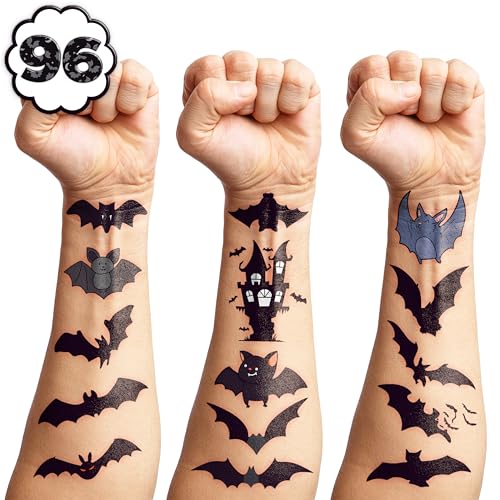 96 PCS Bat Halloween Pre-Cut Temporary Tattoos Birthday Party Decorations Supplies Favors Scary Halloween Bats Cute Decor Tattoo Stickers Gifts For Game Boys Girls Classroom School Prizes Reward
