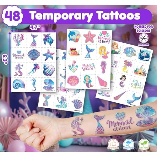 72 PCS Mermaid Party Favors - 48 Temporary Pre-Cut Tattoos & 24 Slap Bracelets - Party Favors for Boys & Girls, Birthday Goodie Bag Fillers, Baby Shower Gifts, Classroom Rewards