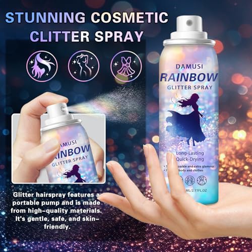 DAMUSI Silver Body Glitter Spray, Shiny Hair and Body Glitter Spray for Clothes, Holographic Glitter Hairspray Quick-Drying Long-Lasting Shimmer Highlighter Powder for Festival Concert Party Rave Prom