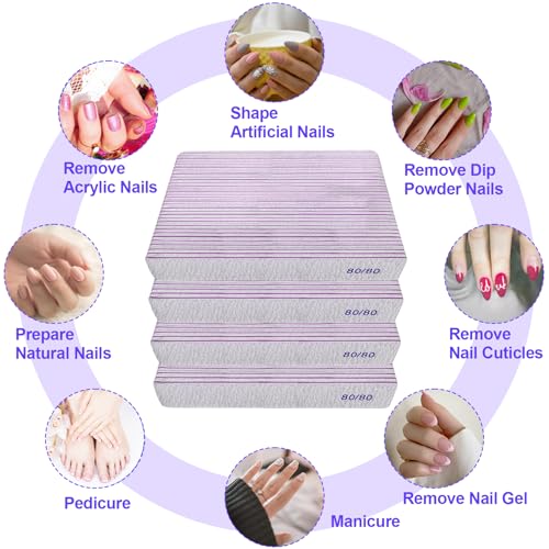 80/80 Grit Nail Files (100 Pack), Heavy Coarse Emery Boards for Acrylic Nails and Gel Nails, 80 Grits Double Sided Nail File Emory Professional Nail Filer Reusable Washable Manicure Square Gray