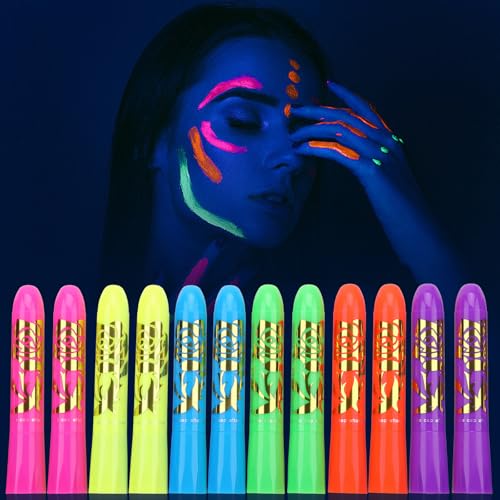 12 PCS Glow Face & Body Paint, Glow in the Blacklight Makeup Neon Face Paint for Halloween Birthday Party