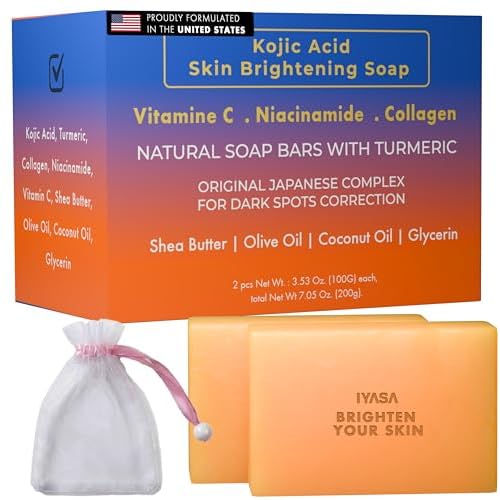 IYASA Kojic Acid Soap for Dark Spots ? Turmeric Brightening Bar with Vitamin C, Retinol & Shea Butter | Evens Tone & Fades Hyperpigmentation | SGS-Tested, Steroid-Free (2 Pack)