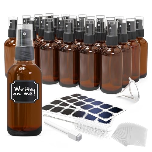 Nevlers Amber Glass Spray Bottles 4 Oz 24 Pack | Small Spray Bottle 4 Oz Set w/Shrink Wrap, Funnel, Labels, Brush & Marker | Spritzer Bottles for Hair, Face & More | Glass Bottle Sprayer for Travel