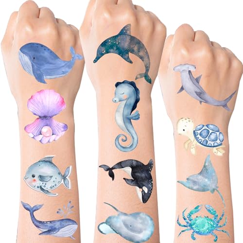 144 PCS Ocean Sea Animal Temporary Tattoos Fish Shark Turtle Tattoos Under The Sea Creature Birthday Party Favors for Ocean Animals Baby Shower Decorations Ocean Themed Birthday Party Supplies