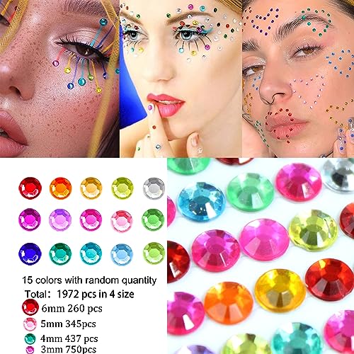 3584 Pcs Self Adhesive Rhinestones for Makeup Eyes 15 Colors Rainbow Rhinestones Face Jewels Gems Stick on, DIY Nail Makeup 3mm 4mm 5mm 6mm Rave Festival Accessories Costume for Women