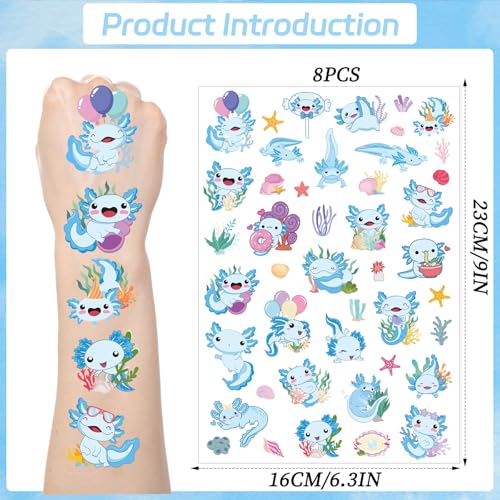 Blue Axolotl Temporary Tattoos - 200+ Axolotl Birthday Decorations Blue Axolotl Party Favors Supplies Decor Cute Axolotl Tattoo Temporary Prizes Rewards Axolotl Gifts Adults
