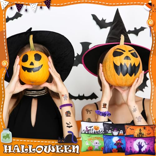 Capoda 86 Pcs Halloween Party Set Horror Gifts Bulk Include 12 Makeup Bags 12 Silicone Bracelets 12 Hair Scrunchies 50 Stickers for Women Classroom Office Birthday Party Supplies