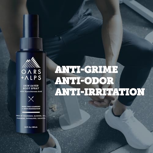 Oars + Alps Skin Saver Body Spray with Hypochlorous Acid, Eliminates Odors, Freshens & Soothes Irritation & Redness, Use After Workouts, Traveling & Post Shave, Safe & Clean Ingredients, 6.8oz