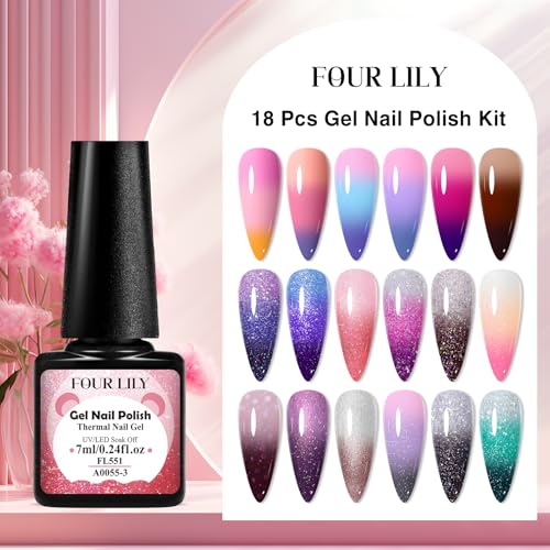 Color Changing Gel Nail Polish Set, 18 Temperature Mood Changing Colors Red Pink Purple, Soak Off UV Light Cure Gel Polish for Salon and Nail Art DIY at Home