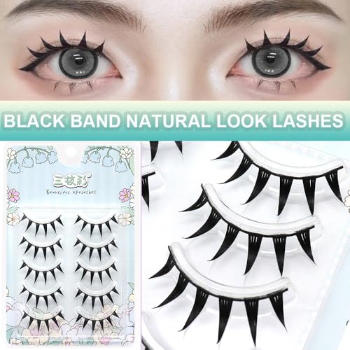 Fake Eyelashes Natural Look Daily False Eye Lashes Daily Strip Cross Black Band 10-12mm LASGOOS Thick Lashes A Shape Cute Devil Lash for Cosplay Wedding Work Manga Eye Makeup 5 Pairs Bulk L05BK