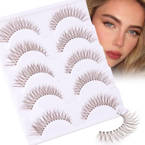 Brown Lashes Natural Look Cat Eye Lashes Brown Eyelashes Faux Mink False Lashes Wispy Volume C-curly Short False Eyelashes with Clear Band by Newcally
