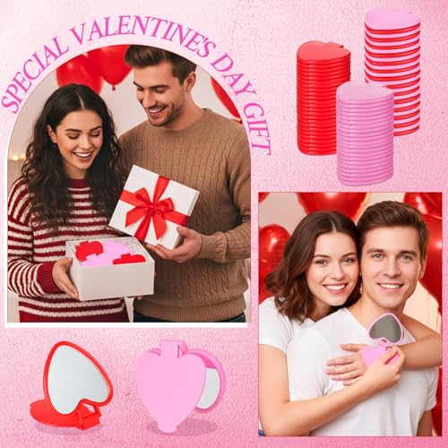 50 Pcs Heart Shaped Compact Mirror Bulk Valentines Day Small Gifts Galentines Mini Folding Pocket Mirrors Red and Pink Makeup Mirror for Women Travel Daily Use Wedding Favor Supplies