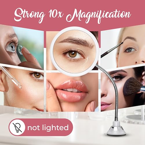Flexible Gooseneck Makeup Mirror - 10X Magnifying, 360¡Æ Swivel, Adjustable Suction Cup - Stick On Table or Wall for Vanity and Bathroom Use - 6.7 x 6.7 Inch (Round)