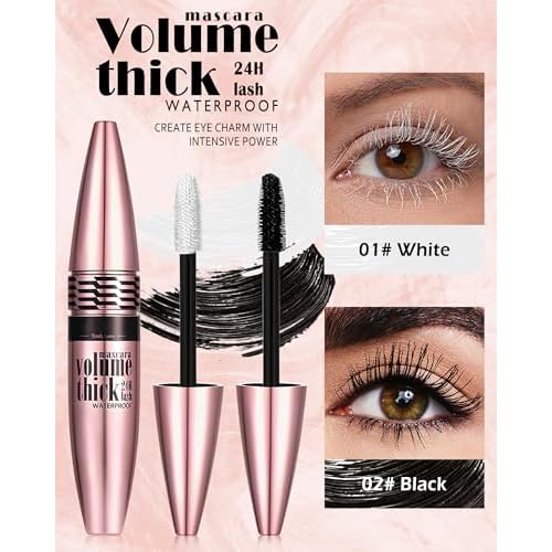 Colored Waterproof Mascara Set for Eyelashes,2PCS White Black Long Lasting Lash Mascara Volume and Length,Voluminzing Curling 5D Silk Fiber Eyelashes Women Eye Makeup Cosplay Party Use