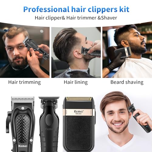 KEMEI Professional Hair Clippers for Men, Cordless Barber Clipper T-Blade Beard Trimmer Foil Shaver Set, Rechargeable Electric Fade Clipper Hair Cutting Kit, KM-1071, KM-2299, KM-2024